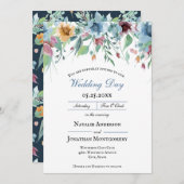 Invitation mariage bleu foncé et romantique (Devant / Derrière)