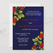 Invitation Mariage bleu foncé et rose rouge (Devant)