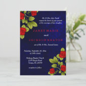 Invitation Mariage bleu foncé et rose rouge (Debout devant)