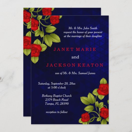 Invitation Mariage bleu foncé et rose rouge (Devant / Derrière)