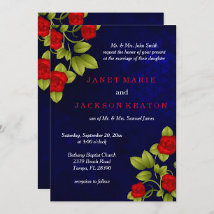 Invitation Mariage bleu foncé et rose rouge