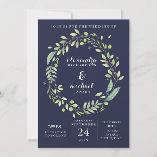 Invitation Mariage bleu-foncé feuillu de guirlande (Devant)