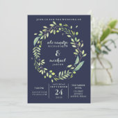 Invitation Mariage bleu-foncé feuillu de guirlande (Debout devant)