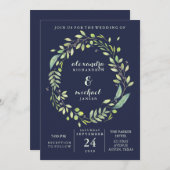 Invitation Mariage bleu-foncé feuillu de guirlande (Devant / Derrière)