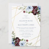 Invitation mariage bleu foncé géométrique à fleurs bordeaux (Devant)