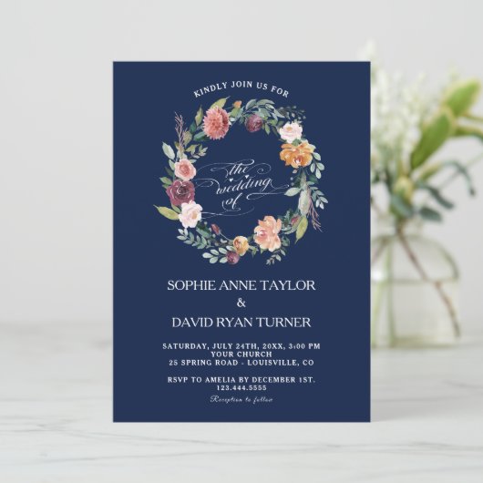 Invitation Mariage bleu foncé rose bordeaux (Debout devant)