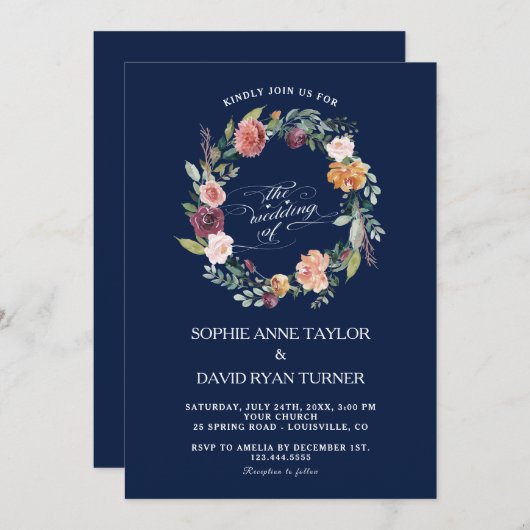 Invitation Mariage bleu foncé rose bordeaux (Devant / Derrière)