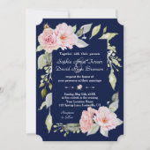 Invitation Mariage bleu marine à fleurs rose pâle (Devant)