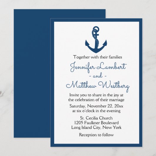 Invitation Mariage Bleu Marine Anchor Marin Plage (Devant / Derrière)