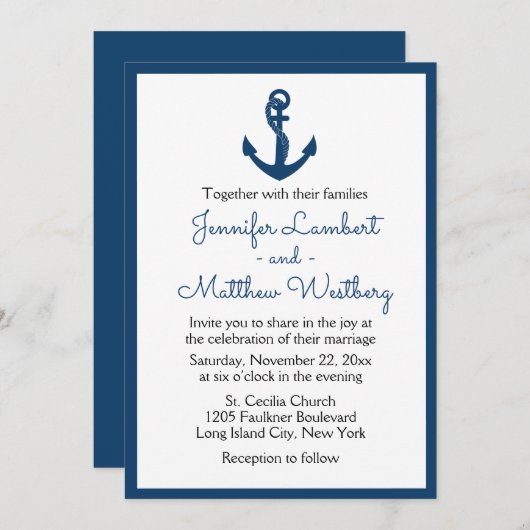 Invitation Mariage bleu marine Ancre Sailor Beach (Devant / Derrière)