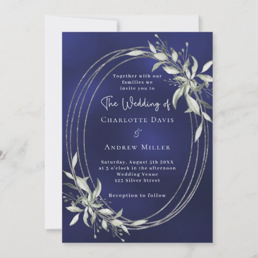 Invitation Mariage bleu marine argent vert (Devant)