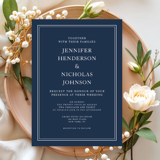Invitation Mariage bleu marine classique moderne