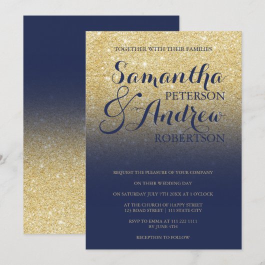Invitation mariage bleu marine de la parties scintillant de f (Devant / Derrière)