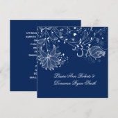 Invitation Mariage bleu marine et blanc avec tourbillons flor (Devant / Derrière)