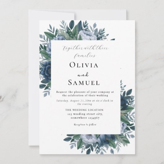 Invitation Mariage bleu marine et bleu clair élégant (Devant)