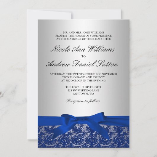 Invitation Mariage bleu marine et dentelle argentée (Devant)