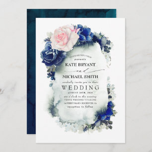 Invitation Mariage bleu marine et rose pâle Floral Boho