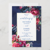 Invitation Mariage bleu marine fleurs bordeaux modèle (Devant)