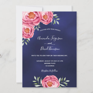 Invitation Mariage bleu marine florale rose verdure