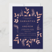 Invitation Mariage bleu marine marine rose moderne feuille d' (Devant)