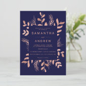 Invitation Mariage bleu marine marine rose moderne feuille d' (Debout devant)