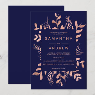 Invitation Mariage bleu marine marine rose moderne feuille d'