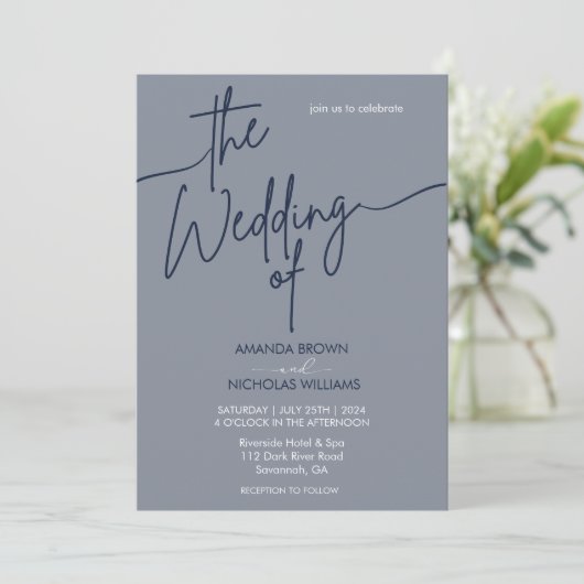 Invitation Mariage bleu marine minimaliste moderne (Debout devant)