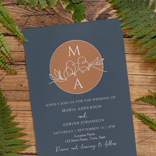Invitation Mariage Bleu Marine Monogramme