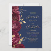 Invitation Mariage bleu marine or floral bordeaux script (Devant)