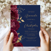 Invitation Mariage bleu marine or floral bordeaux script