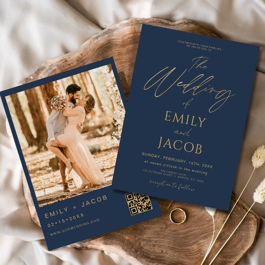 Invitation Mariage bleu marine or QR Code photo Script