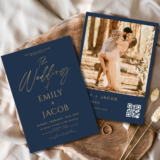 Invitation Mariage bleu marine or QR Code photo Script