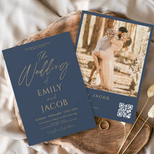 Invitation Mariage bleu marine or QR Code photo Script