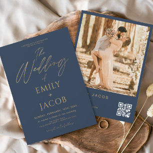 Invitation Mariage bleu marine or QR Code photo Script