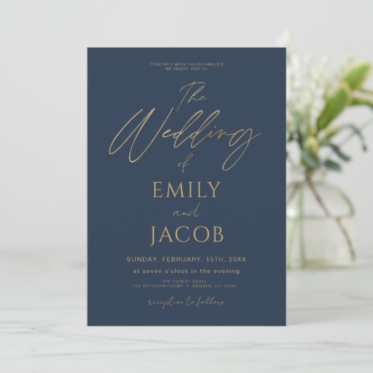 Invitation Mariage bleu marine or QR Code photo Script (Debout devant)