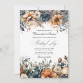 Invitation Mariage bleu marine, orange brûlé et champagne (Devant)