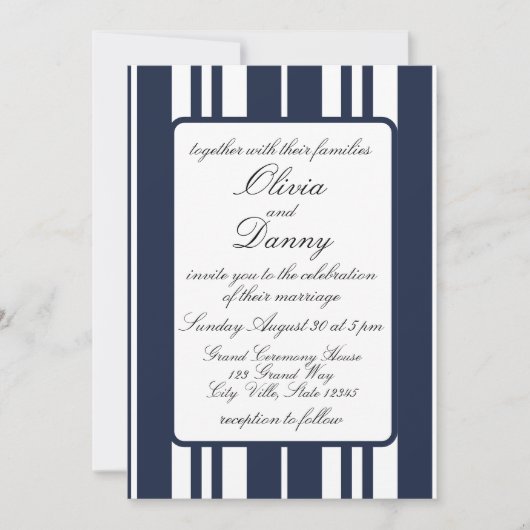 Invitation Mariage bleu marine rayures blanches style côtier (Devant)