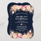 Invitation Mariage bleu marine rose moderne (Devant / Derrière)