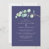 Invitation Mariage bleu marine simple Eucalyptus Folift (Devant)