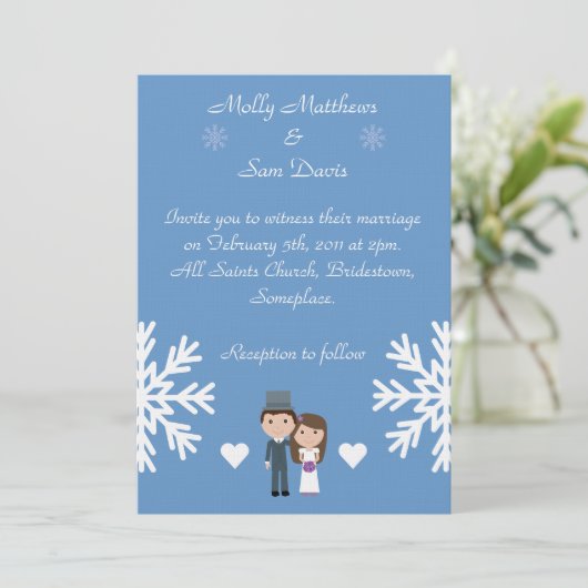 Invitation Mariage bleu mignon d'hiver de flocons de neige de (Debout devant)