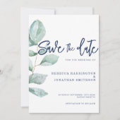 Invitation Mariage bleu minimal Eucalyptus Navy Économisez La (Devant)