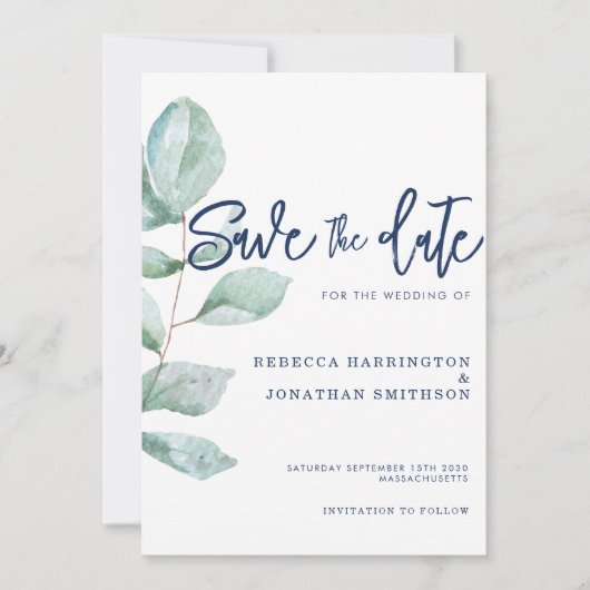 Invitation Mariage bleu minimal Eucalyptus Navy Économisez La (Devant)
