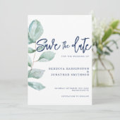 Invitation Mariage bleu minimal Eucalyptus Navy Économisez La (Debout devant)