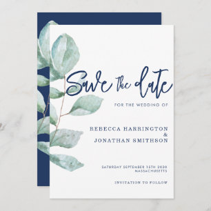 Invitation Mariage bleu minimal Eucalyptus Navy Économisez La