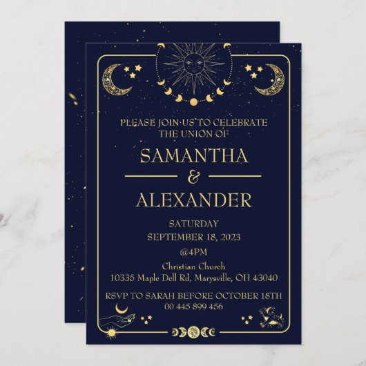 Invitation Mariage bleu minuit bleu céleste (Devant / Derrière)