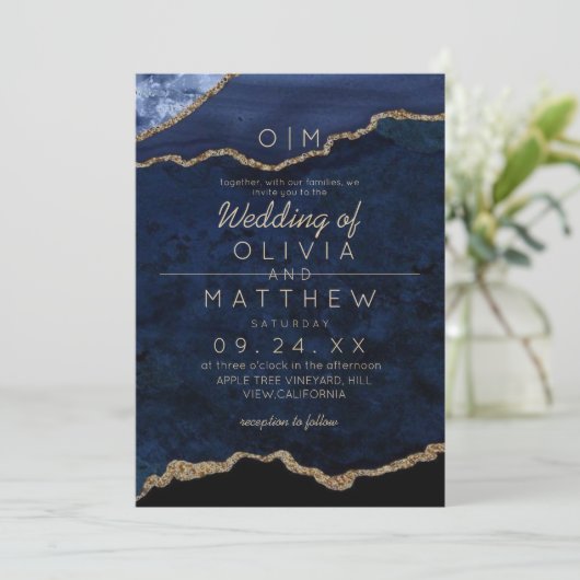 Invitation Mariage bleu moderne Agate (Debout devant)