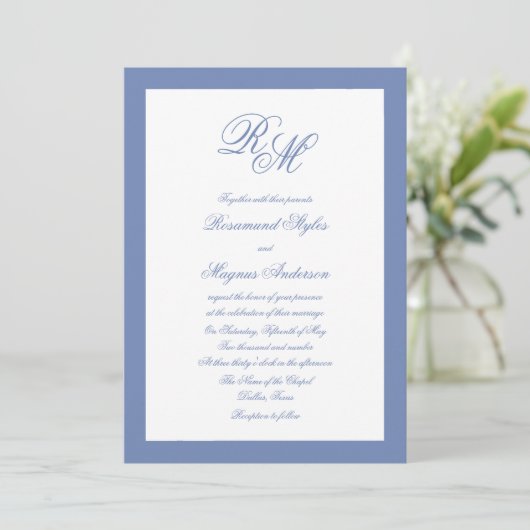 Invitation Mariage bleu monogramme (Debout devant)