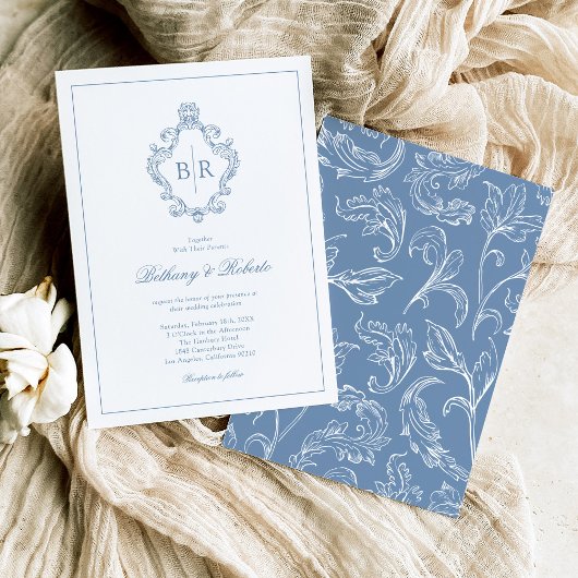 Invitation Mariage Bleu Monogramme Vintage Rococo