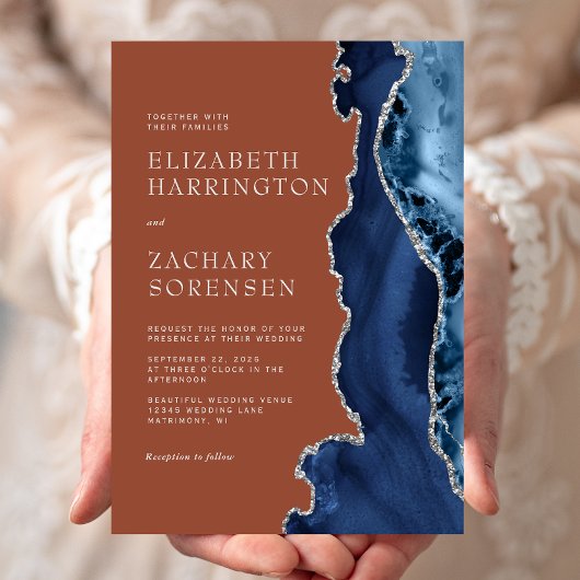 Invitation Mariage Bleu Nuit Agate Argentée Orange Brûlé