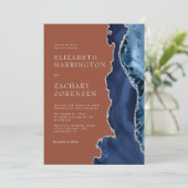 Invitation Mariage Bleu Nuit Agate Argentée Orange Brûlé (Debout devant)